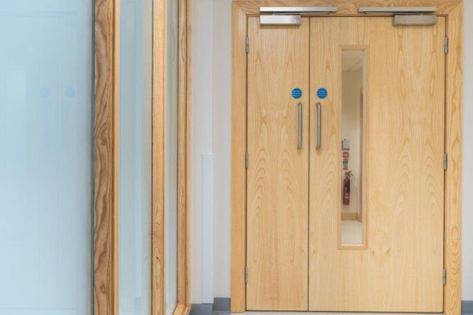 Timber glazed office door with vision panel and surrounding screen_office doors