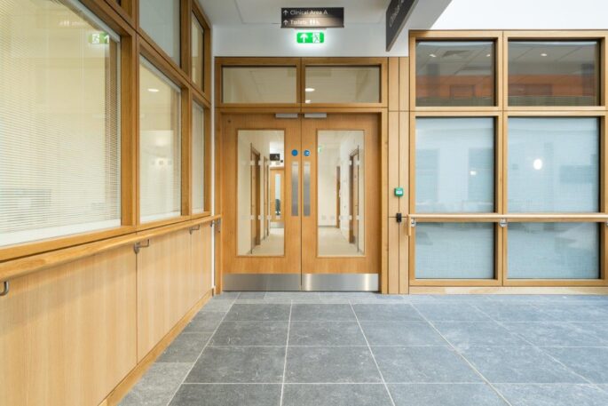 Glazed timber door_Corridor door_Healthcare door_fire door_access control_Surrounding glazed panels