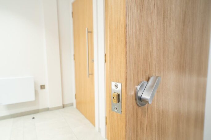 Thumb turn and lock_bathroom door ironmongery_pull handle_timber bathroom doors_commercial office block