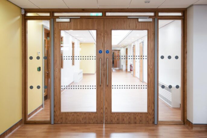 Fire Doors For Education Environments available with integrated vision panels and surrounding glazing