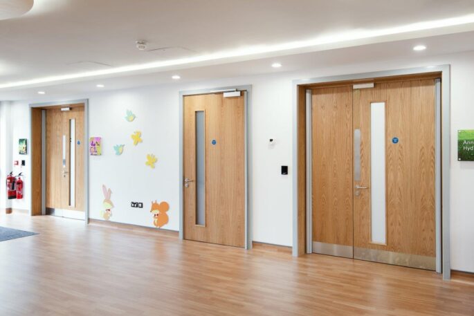 Fire Doors For schools and Education settings available in various configurations, bespoke sizing, different finishes and colours and with the option of integrated vision panels and surrounding glazing.