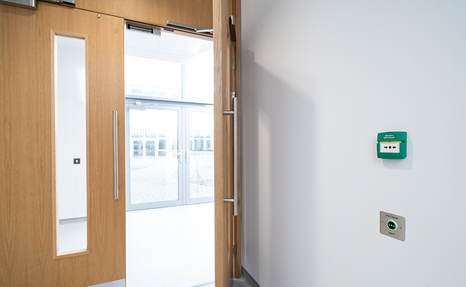 Access controlled timber corridor door with magnetic locking_integrated hardware_contactless access for hygiene control_stainless steel hardware_healthcare_education_commercial