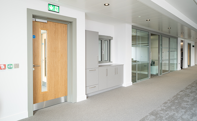 Internal timber door with full length vision panel and access control_Access controlled fire timber door_Office door_corridor door_escape door