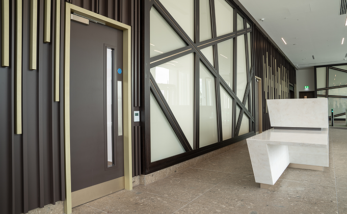 timber doorset with vision panel in office lobby