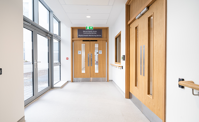 Specialist timber doors_mental health facility_full mortise hinge_automatic double timber door with access control_Corridor door